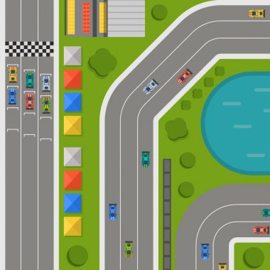 Yarış araba spor parça eğri yol vektör. Üstten Görünüm araba spor yarışması Oluşturucu sembollerin. Devre ulaşım lastik araba otomobil yarışçısı hattı. Otomobil otoyol işaret fişeği formül bitirmek