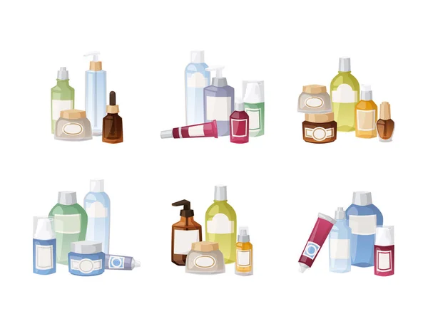 Kozmetika kozmetikai krém smink szépség műanyag folyékony tejszín tároló folyadék pack üveg vektoros illusztráció. — Stock Vector