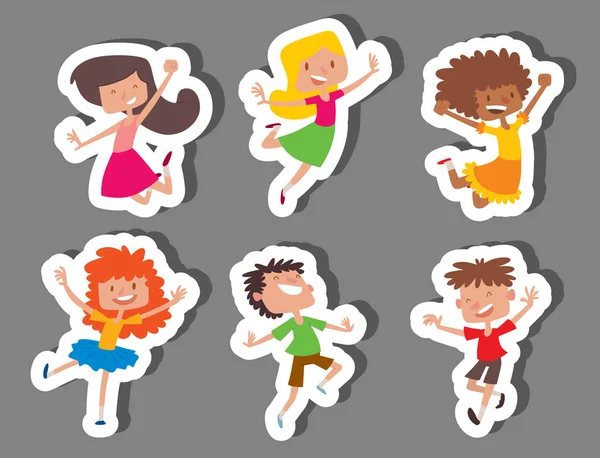 Niños felices en diferentes posiciones gran vector saltando alegre grupo de niños y divertidos niños de dibujos animados alegre equipo riendo pequeños personajes . — Archivo Imágenes Vectoriales