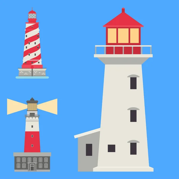 灯台は海上航行指導海ビーコン光の安全セキュリティ シンボル図のための探照灯フラット塔をベクトルします。. — ストックベクタ