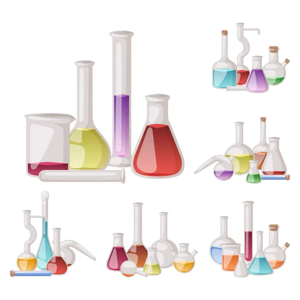 Vetor de laboratório de frascos químicos tubo de vidro de laboratório tubos de análise de biotecnologia líquida equipamento científico médico . — Vetor de Stock