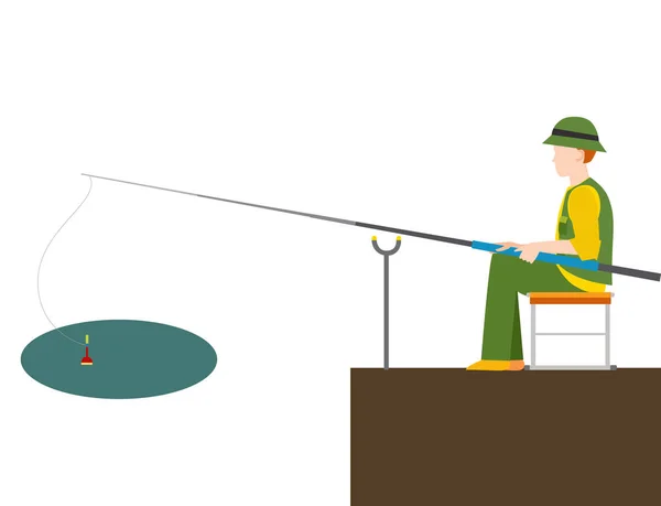 Balıkçı balıkçılar vektör yakalar balık fisher çubuk su yakalamak ve spin attı, adam nehir karakter vektör çizim dışında net çeker — Stok Vektör