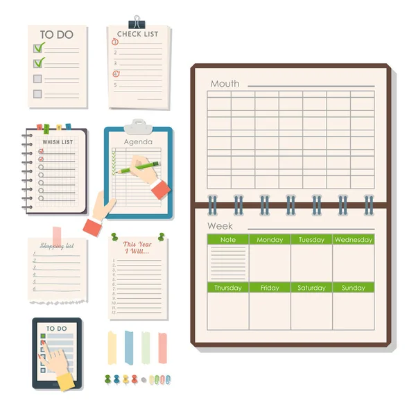 Векторный бумажный буфер в плоском стиле самоклеящийся контрольный список отмечает график планировщик календаря иллюстрация статьи организатора . — стоковый вектор