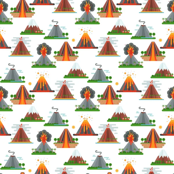 Volcán magma vector naturaleza soplando con humo cráter volcánico montaña caliente erupción natural terremoto sin fisuras patrón fondo ilustración . — Vector de stock