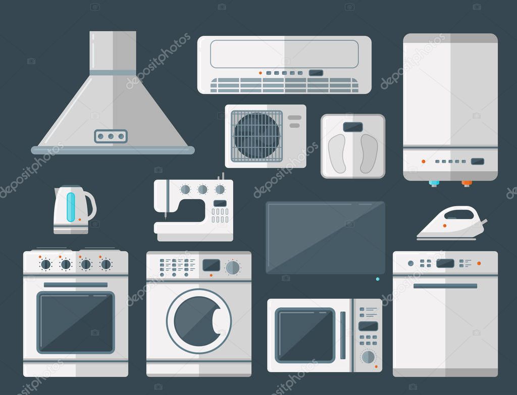 Home appliances vector domestic household equipment kitchen electrical domestic technology for homework tools illustration