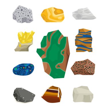 Yarı değerli taşlar taş ve mineral taş izole zar renkli parlak kristal mineral mücevher illüstrasyon vektör.