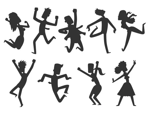 Люди, прыгающие в праздновании вектор партии счастливый мужчина прыгать празднование радости силуэт персонажа веселая женщина активное выражение счастья много радостных друзей портрет . — стоковый вектор