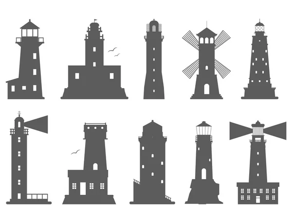 Vuurtorens vector silhouet platte zoeklicht torens voor maritieme navigatie begeleiding Oceaan baken lichte veiligheid veiligheid symbool illustratie. — Stockvector