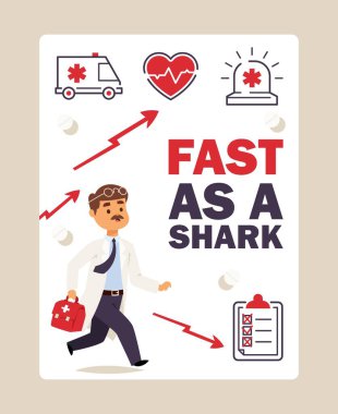 Running doctor first aid, vector illustration. Poster with ambulance icons and place for text. Cartoon character male doctor is hurrying to help a patient clipart