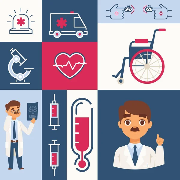 Iconos y pegatinas del hospital, ilustración vectorial. Collage con símbolos de atención médica, médico, silla de ruedas, jeringa y coche ambulancia. Primeros auxilios, tratamiento de enfermedades cardíacas — Vector de stock