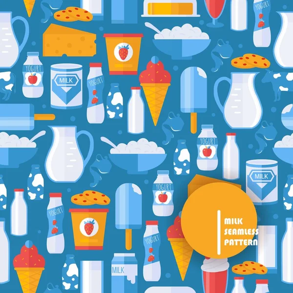 Fresh milk and dairy products in seamless pattern, vector illustration. Isolated flat icons of yogurt, cottage cheese, ice cream and milk. Delicious healthy food from farm — ストックベクタ