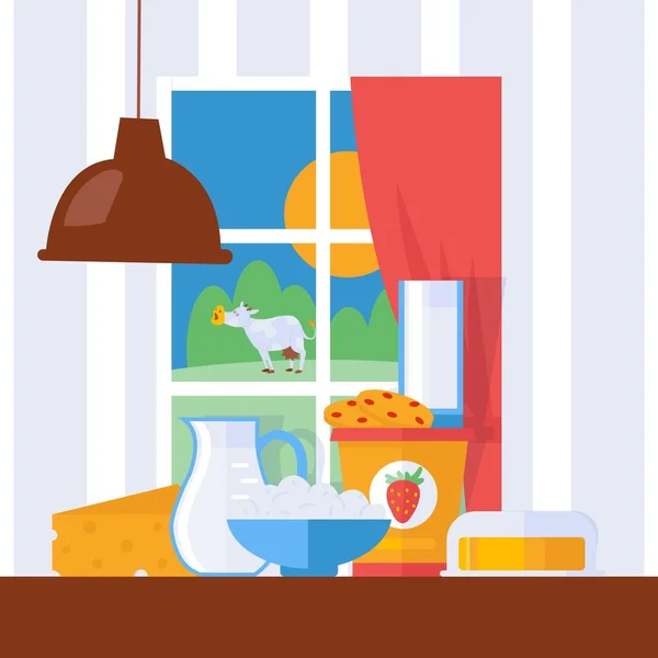 Fresh dairy products, vector illustration. Milk, cheese and butter on a kitchen table in farmhouse. Window with countryside view, grazing cow in cartoon style — ストックベクタ