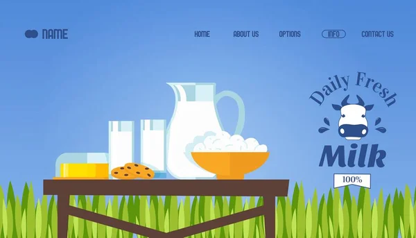 신선 한 우유와 유제품, 벡터 삽화. 웹 사이트 템플릿, 착륙 페이지 디자인. 현지 농부들로부터 매일 신선 한 유기농 식품, 우유, 버터, 그리고 작은 치즈 — 스톡 벡터