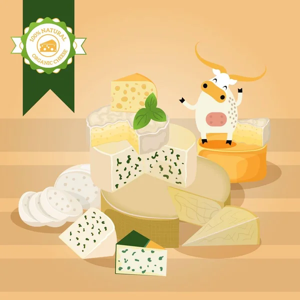 Ilustración del vector del queso. Varios tipos de diferentes quesos, sabrosos productos lácteos naturales, delicioso queso azul. Cartel, folleto o portada de una tienda de alimentos ecológicos — Archivo Imágenes Vectoriales