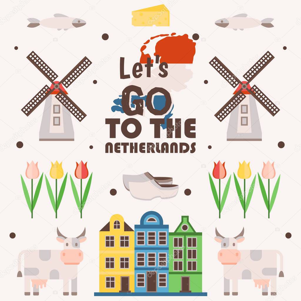 Netherlands travel poster, vector illustration. Symbols of main Dutch tourist attractions, simple icons in flat style. Traditional windmills, tulips, old houses and cows