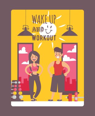 Motivasyon egzersizi posteri, vektör illüstrasyonu. Spor salonunda kilo verdikten sonra mutlu bir adam ve kadın. Typography tabiri uyan ve çalış. Aktif sağlıklı yaşam tarzı için ilham
