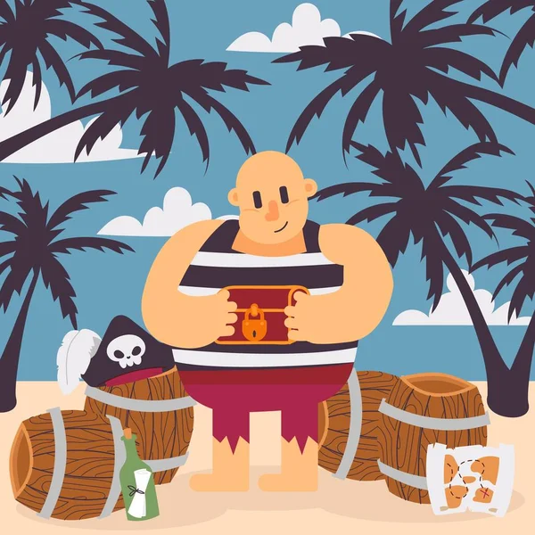 Pirata sull'isola tropicale, illustrazione vettoriale. Divertente personaggio dei cartoni animati pirata capitano in possesso di scrigno. Corsair su una spiaggia con botti e palme — Vettoriale Stock