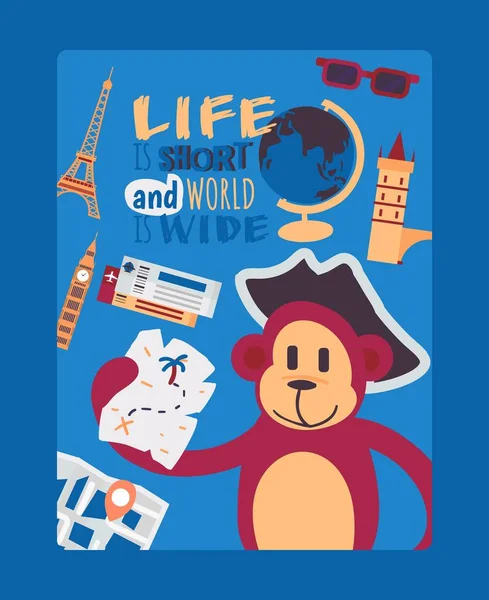 벡터 일러스트가 있는 재밌는 여행 포스터. 타이포그래피 문구 인생은 짧고 세계는 넓다. 보물 지도를 들고 있는 만화 원숭이 캐릭터 — 스톡 벡터