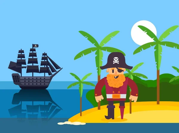 Pirata en isla tropical, ilustración vectorial. Divertido personaje de dibujos animados capitán pirata con barba roja. Corsario en la playa con palma, velero negro en el mar — Vector de stock