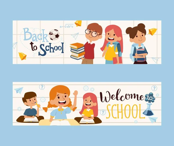 Back to school banner, vector illustration. Happy children with books, friendly classmates. School education booklet header. Boys and girls cartoon characters — Stock Vector