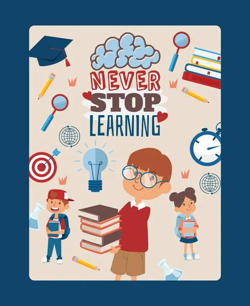 Education typography school poster, vector illustration. Motivational phrase never stop learning. Smart boy in glasses with books, happy children in school — Stock Vector