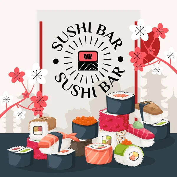 Sushi-Bar-Poster, Vektorillustration. Einband für asiatische Restaurantmenüs, Werbebroschüre für Sushi-Lieferung, Broschüre für japanisches Essen oder Rezeptbuch — Stockvektor