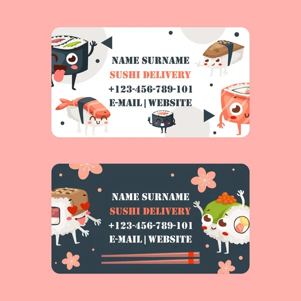 Sushi bar business card design, vector illustration. Asian food delivery company, traditional Japanese restaurant. Business card template with funny cartoon characters — Stock Vector