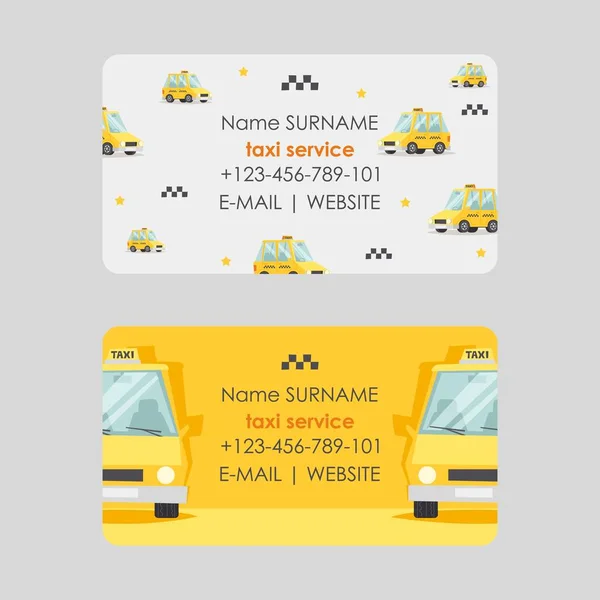 Taxi service business card design, vector illustration. Fast and reliable cab company contacts. Yellow car in cartoon style, corporate identity business card template — Stock Vector