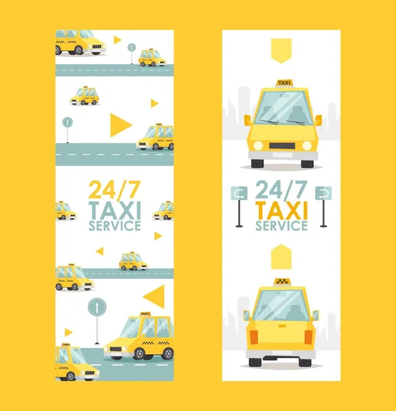 Celodenní nápis taxislužby, vektorová ilustrace. Rychlá a spolehlivá reklama taxislužby. Žluté auto v karikaturním stylu, webový banner — Stockový vektor