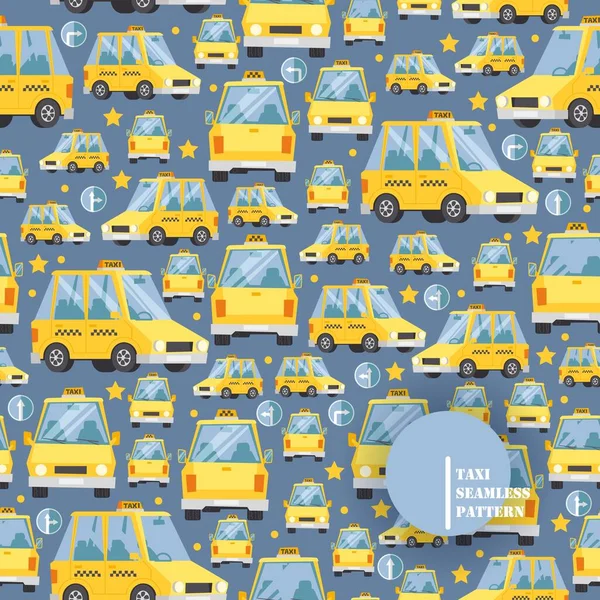 Taxi car icons in seamless pattern, vector illustration. Yellow cab in cartoon style, many vehicles in different angles, taxi service background. Paper or fabric print — Stock Vector