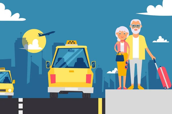 タクシーを待っている高齢者のカップル、ベクトルイラスト。休暇中の祖父母、漫画のキャラクター。空港から都市へのタクシーサービス、到着した旅行者に会う — ストックベクタ