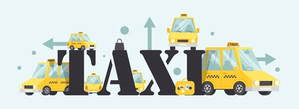 Etiqueta de servicio de taxi, ilustración vectorial. Empresa de taxi rápida y confiable, transporte popular de la ciudad. Coche amarillo en estilo de dibujos animados, cubierta tipográfica letras grandes — Archivo Imágenes Vectoriales