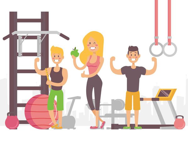 Happy people in gym, vector illustration. Smiling man and woman happy with their results after workout in fitness studio. Healthy lifestyle, smiling cartoon characters