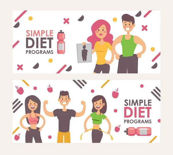 Diet for weight loss, vector illustration banner. Happy slim people, cartoon style characters. Smiling man and woman, healthy and active. Simple and effective diet programs