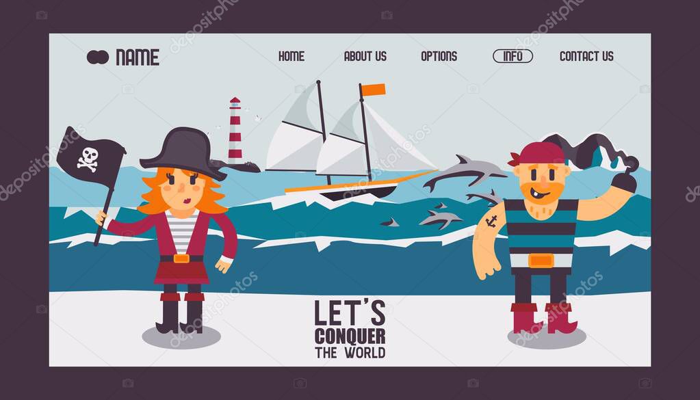 Pirates cartoon characters and sailing ship in the sea, vector illustration. Website design, landing page template. Quest game for children, funny pirates in flat style