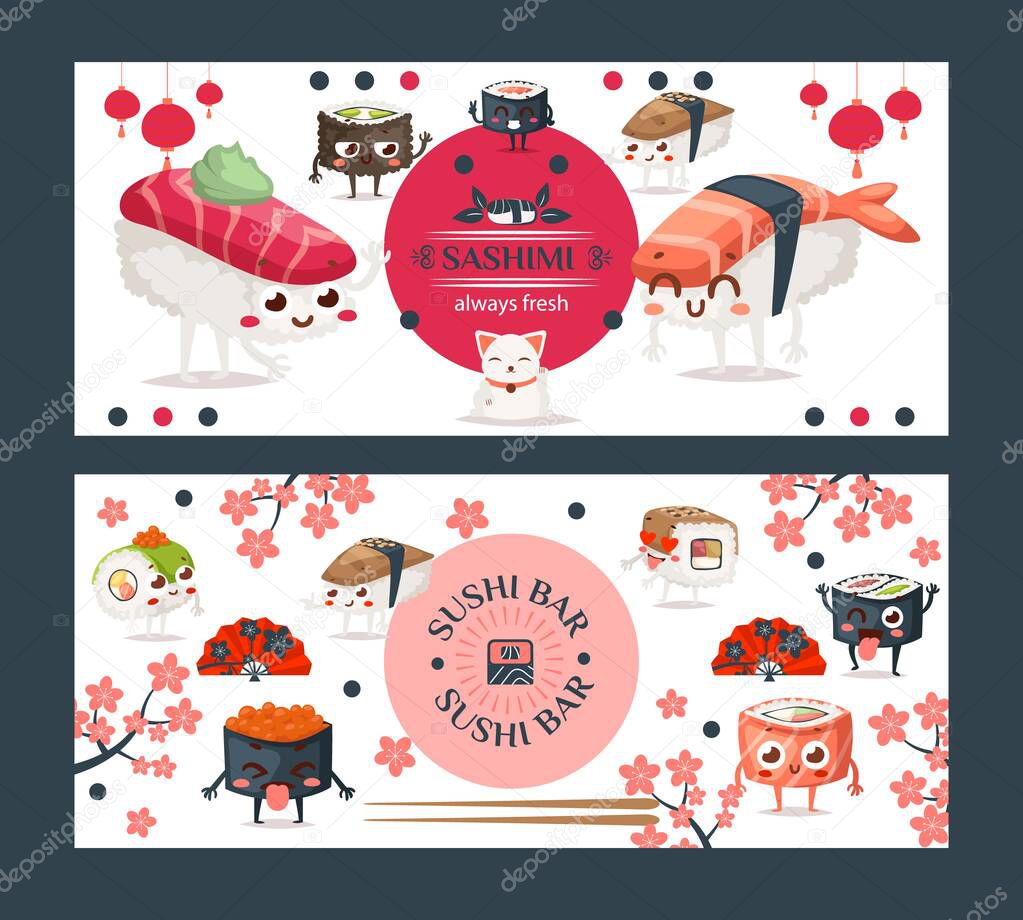 Sushi bar banner, vector illustration. Family friendly restaurant of Asian cuisine, sushi delivery advertisement booklet, Japanese food brochure with funny cartoon characters