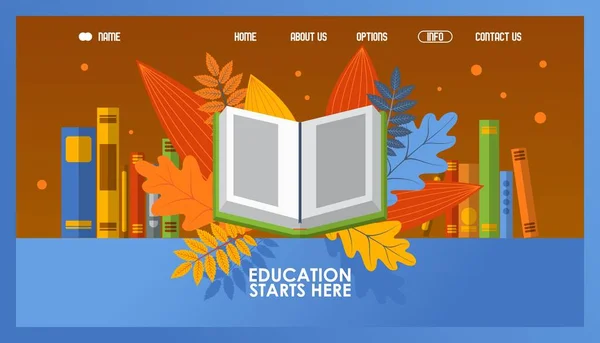 Diseño del sitio web de educación en línea, ilustración vectorial. Libro abierto sobre hojas de otoño en estilo plano. Plantilla de landing page de educación a distancia, curso universitario, programa universitario — Vector de stock