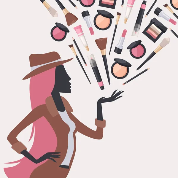 Woman silhouette with beauty cosmetics, vector illustration. Makeup catalog cover, face skin care accessories, cosmetology products. Fashion model presents cosmetic set for women — Stock vektor