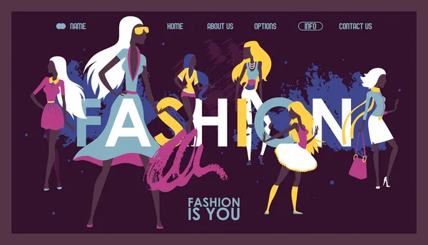 Moda ropa boutique sitio web, ilustración vectorial. Compras en línea, diseño de landing page con fondo tipográfico. Siluetas de hermosas modelos de moda — Vector de stock