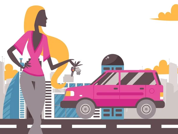 Fiatal nő kezében kulcsok az új autó, vektor illusztráció. Divatmodell pózol autókulccsal az úton. Lapos stílusú városkép, sziluett gyönyörű lány — Stock Vector