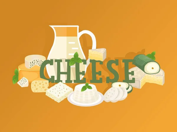 Cheese shop typographic vector illustration. Assortment of different kinds of cheese, jug of fresh milk, tasty natural dairy products. Organic food store brochure or booklet — Stock vektor