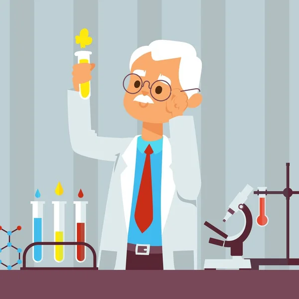 벡터에 대한 설명, 실험실의 늙은 과학자. 회색 머리의 교수 가 실험실 연구를 하고 있습니다. 화학 선생님 이 과학 실험을 하고 있습니다. 의사 중역 — 스톡 벡터