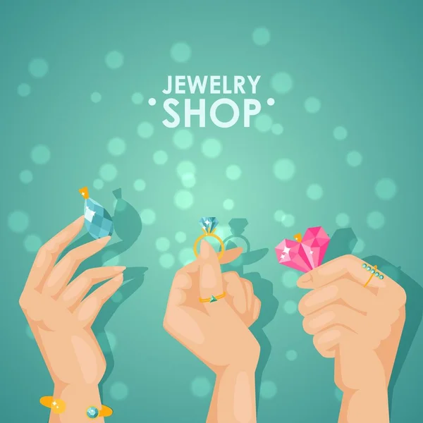 Joyería póster, ilustración vectorial. Manos sosteniendo joyas con gemas brillantes y diamantes, accesorios de moda de belleza con piedras preciosas. Anillos, pendientes y colgantes — Vector de stock