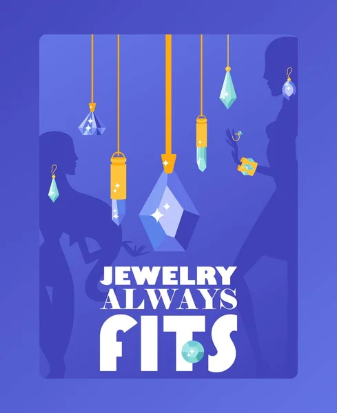Mücevher mağazası tipografik posteri, vektör çizimi. Parlak mücevherler ve elmaslar, değerli değerli taşlı mücevherler. Düz stil mücevher kolyesi koleksiyonu, moda aksesuarları. — Stok Vektör