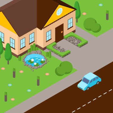 Isometric sokak sahnesi, vektör illüstrasyonu. Yeşil çimenli ev, cadde ve araba yolda. Yukarıdan bakış açısı. Çizgi film tarzında Isometric oyun tasarımı