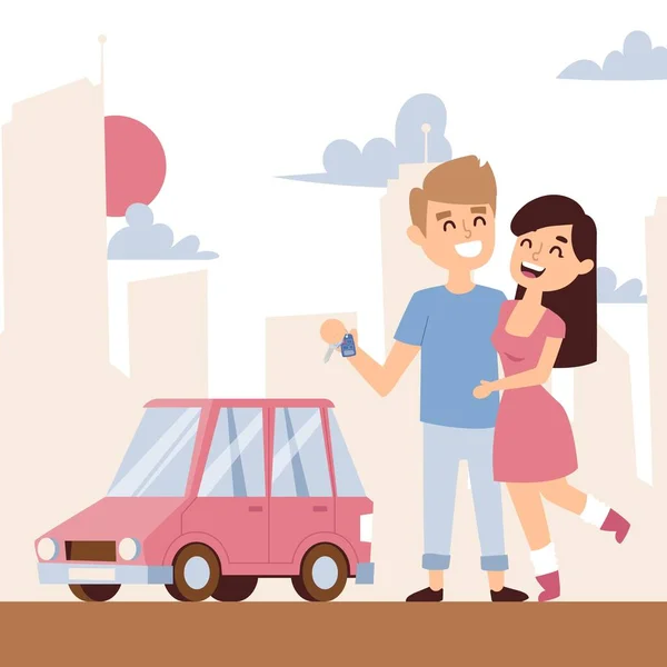 Pareja romántica con coche nuevo, ilustración vectorial. Gente feliz, personajes de dibujos animados en estilo plano simple. Sonriente hombre y mujer con llave en la ciudad — Archivo Imágenes Vectoriales