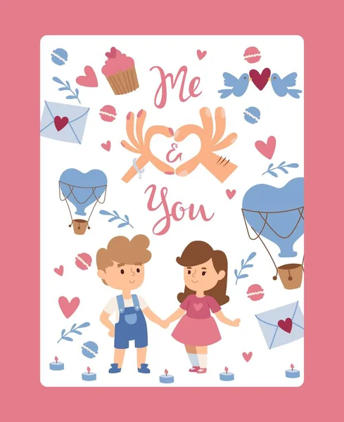ロマンチックなバレンタインカードベクトルイラスト愛の孤立したアイコン、手、男の子と女の子の漫画のキャラクターを保持かわいい子供たち。ロマンチックな夫婦と愛のシンボル — ストックベクタ