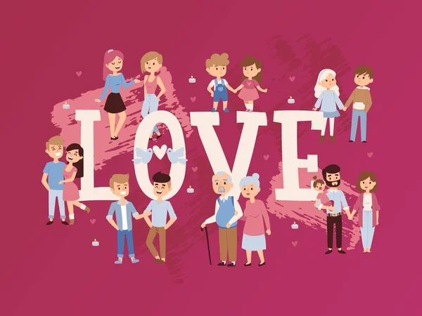 Romantic couples in love, vector illustration. Typography poster, book cover with people of different ages and genders in happy relationships. Cartoon characters holding hands — Stock vektor