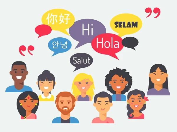 La gente habla diferentes idiomas, ilustración vectorial. Retratos planos de hombres y mujeres de todo el mundo con burbujas de habla. Aprender idioma extranjero — Vector de stock