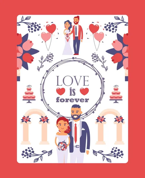 Hochzeitsgrußkarte Vorlage, Vektorillustration. Typografie Poster Liebe ist für immer. flachen Stil Design-Ikonen und Symbole, glückliches Brautpaar bei der Trauung — Stockvektor